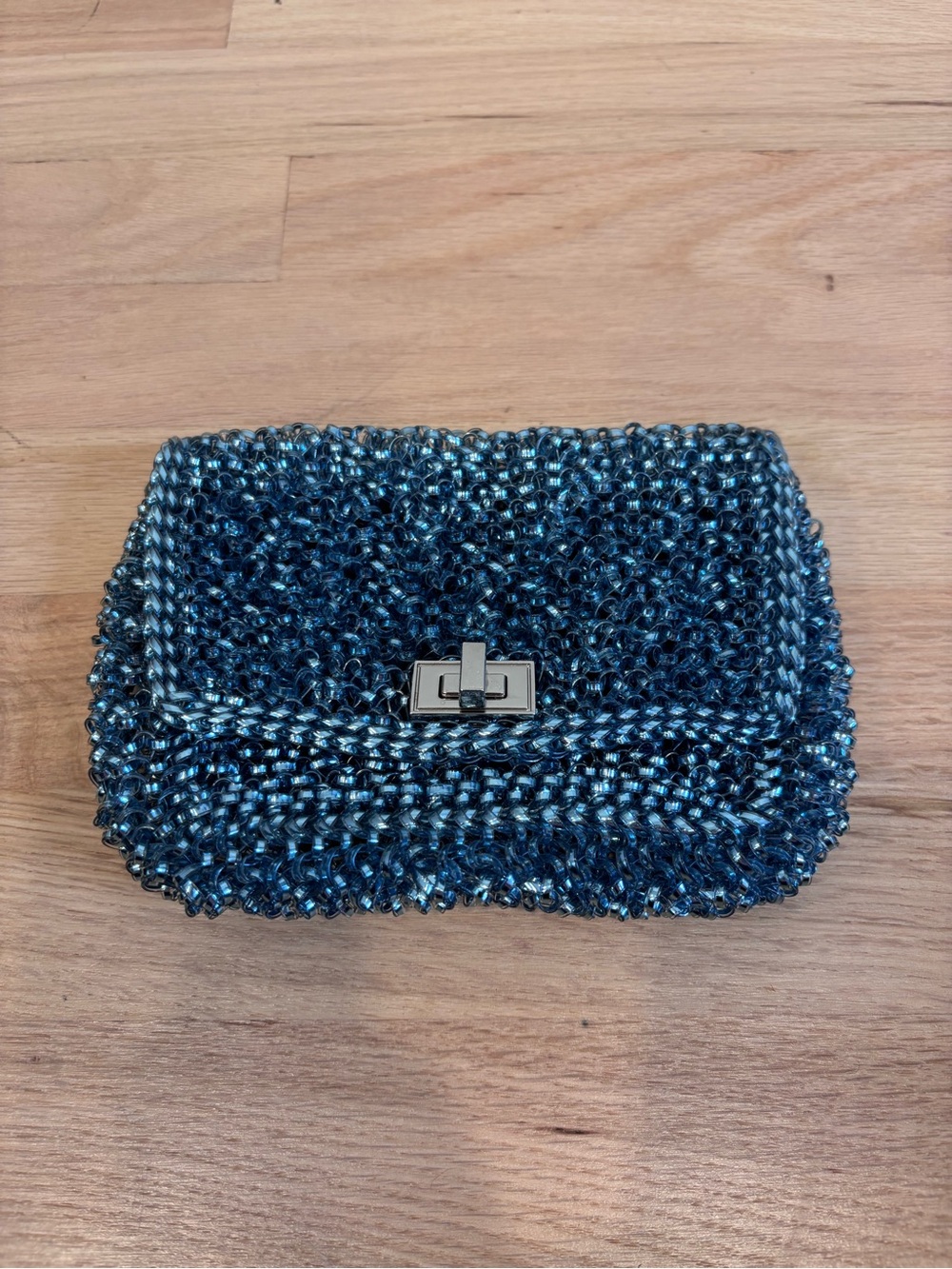 Anteprima Lucchetto Wire Bag in blue metallic finish with silver hardware